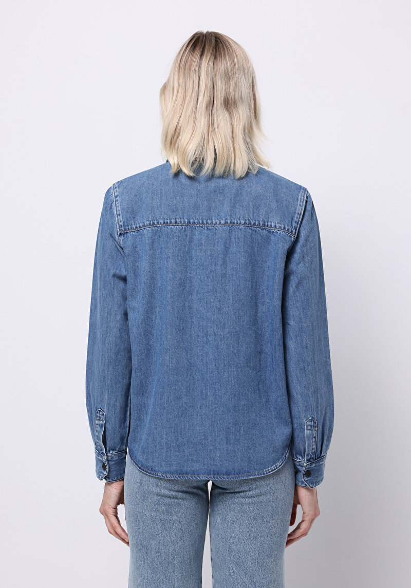 Regular Fit Yuvarlak Yaka Düz Kadın Denim Uzun Kol Gömlek