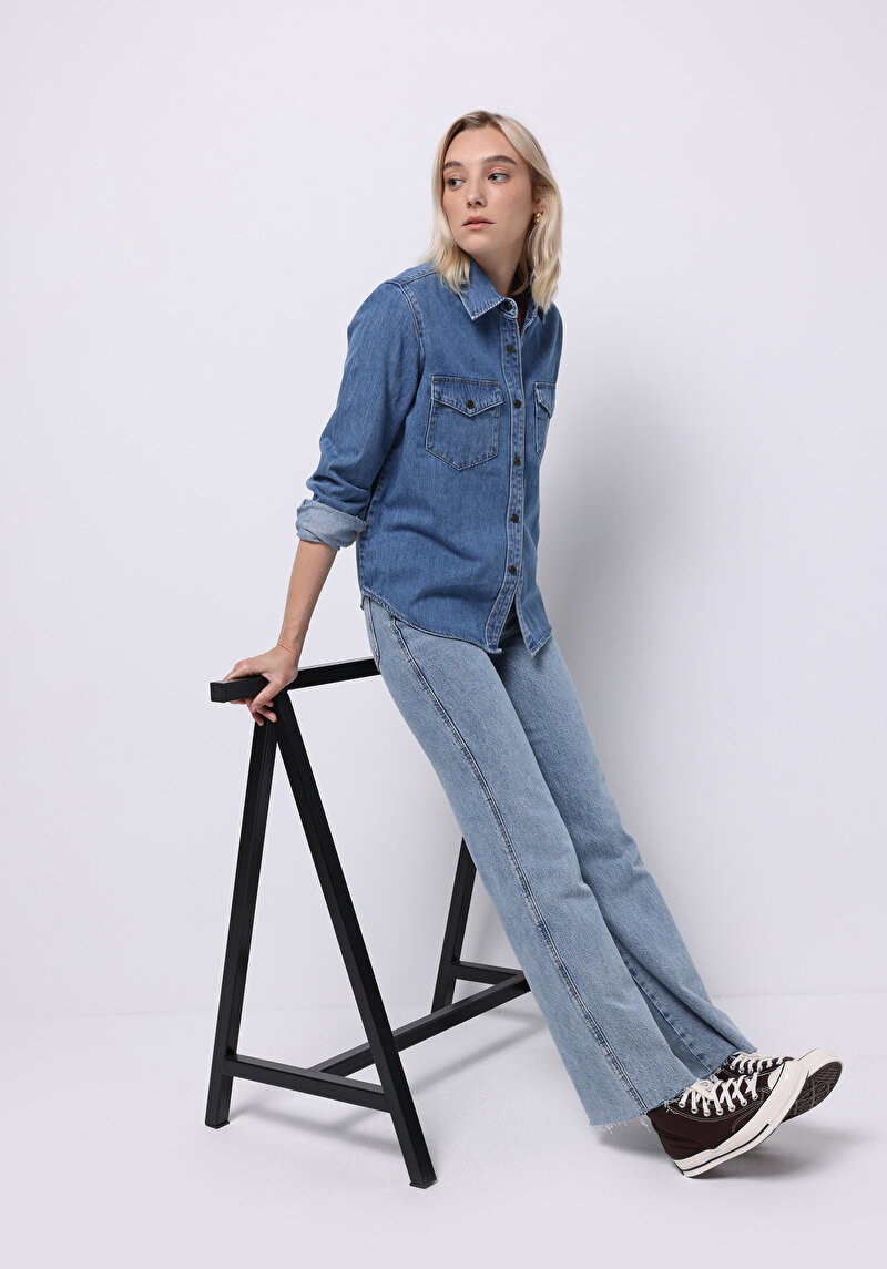 Regular Fit Yuvarlak Yaka Düz Kadın Denim Uzun Kol Gömlek