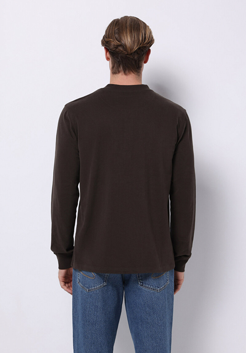 Slim Fit Düğmeli Yaka Düz Erkek Kahverengi Uzun Kol Tişört