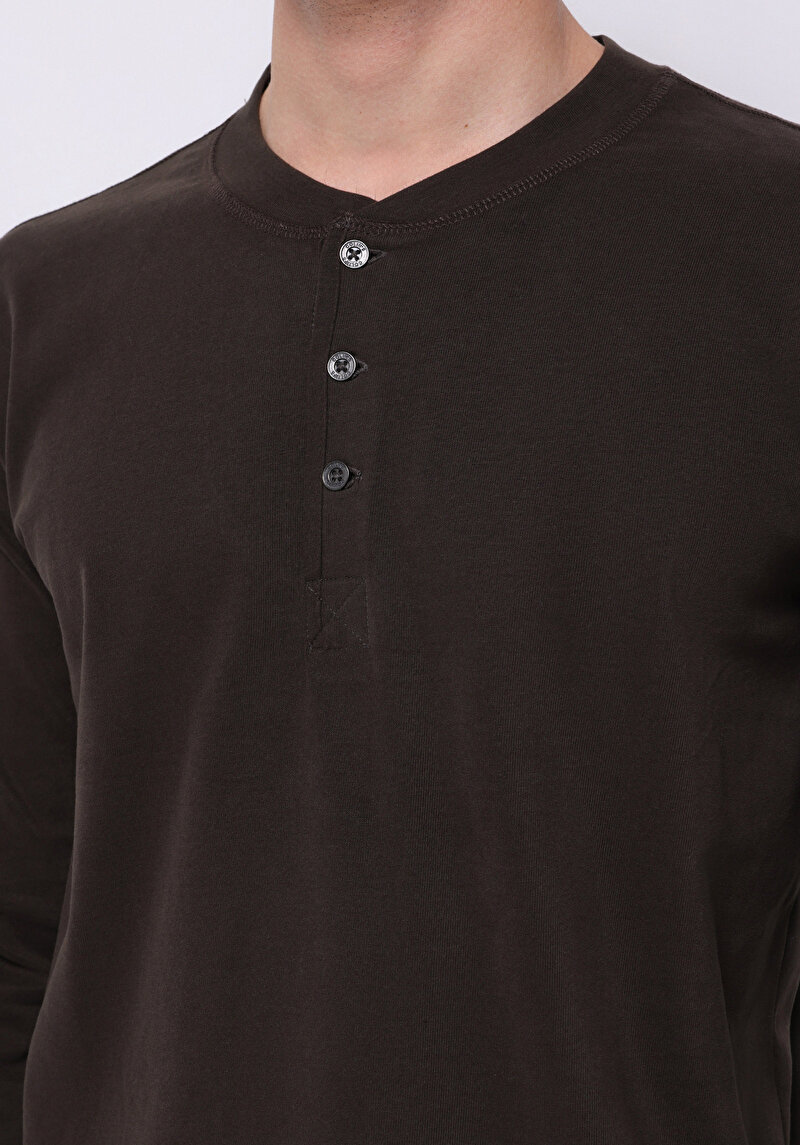 Slim Fit Düğmeli Yaka Düz Erkek Kahverengi Uzun Kol Tişört