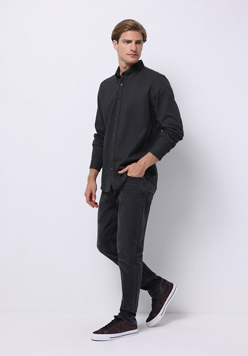 Regular Fit Shirt Neck Düz Erkek Yeşil Uzun Kol Gömlek