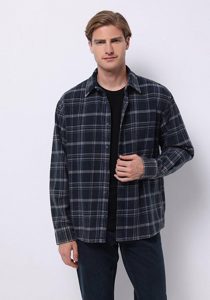 Comfort Fit Shirt Neck Ekoseli Erkek Mavi Uzun Kol Gömlek