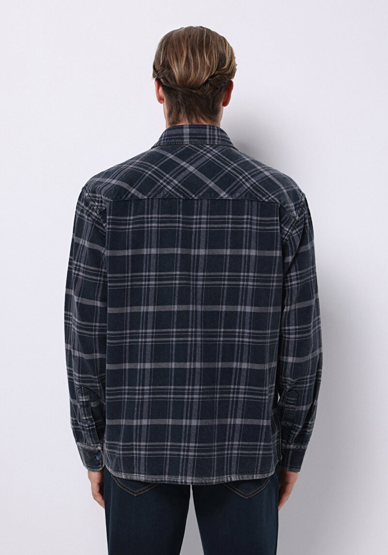 Comfort Fit Shirt Neck Ekoseli Erkek Mavi Uzun Kol Gömlek