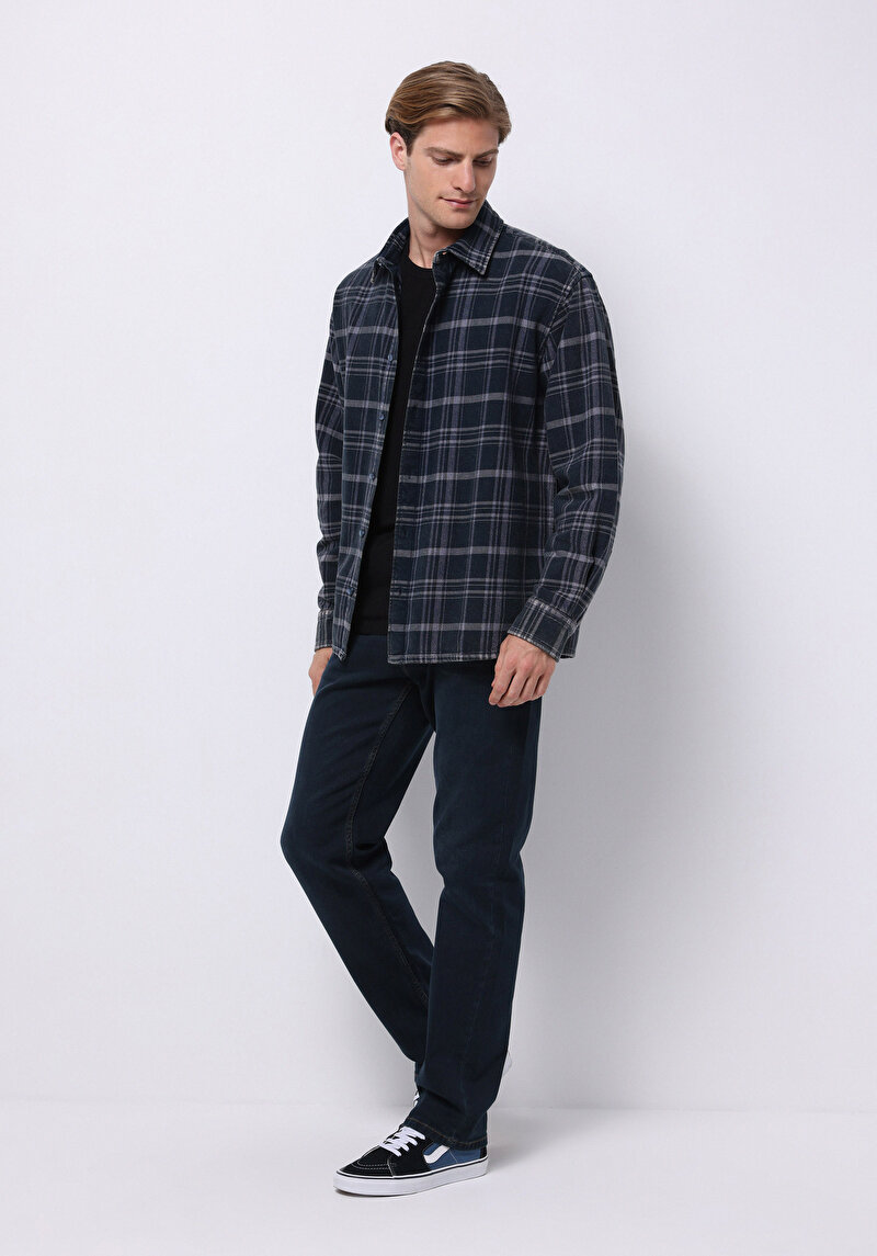 Comfort Fit Shirt Neck Ekoseli Erkek Mavi Uzun Kol Gömlek