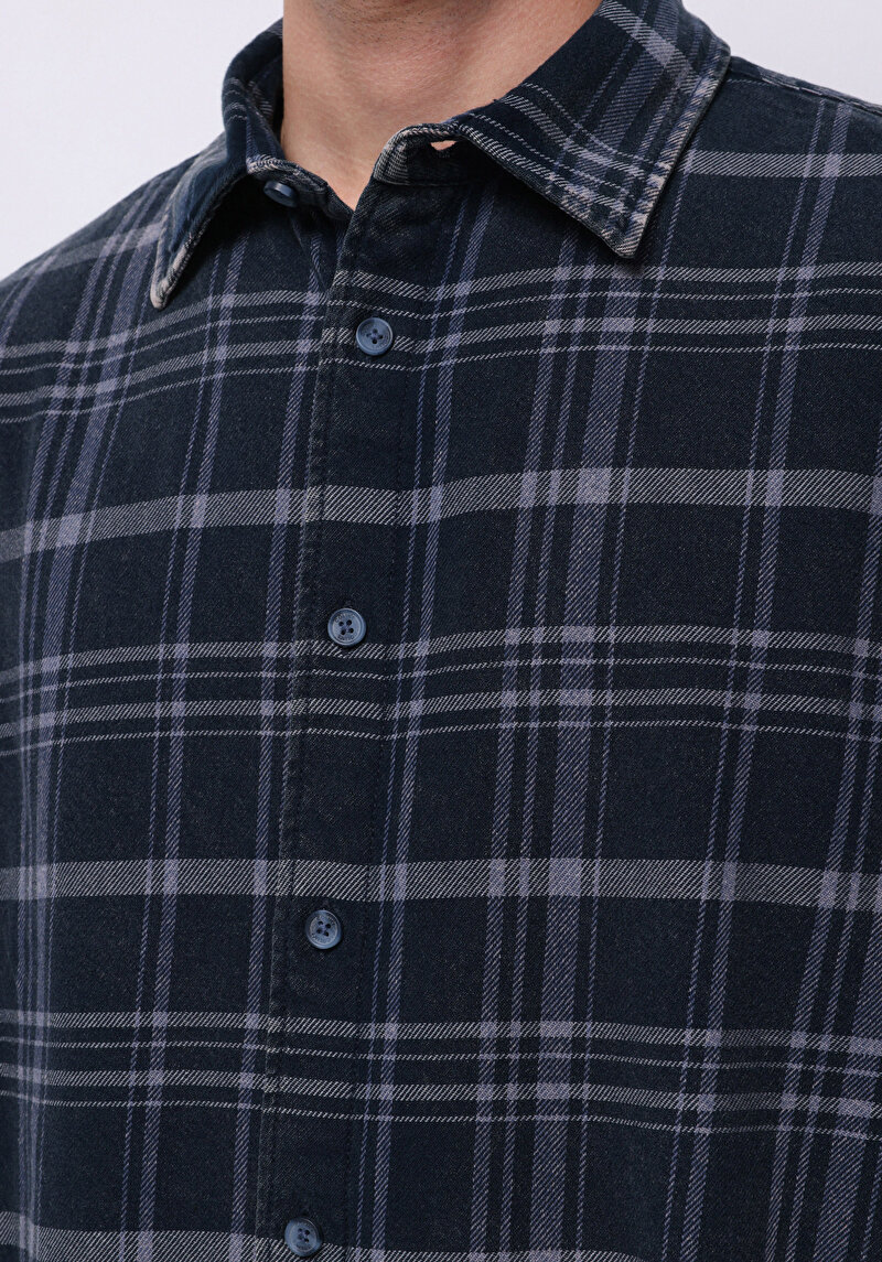 Comfort Fit Shirt Neck Ekoseli Erkek Mavi Uzun Kol Gömlek