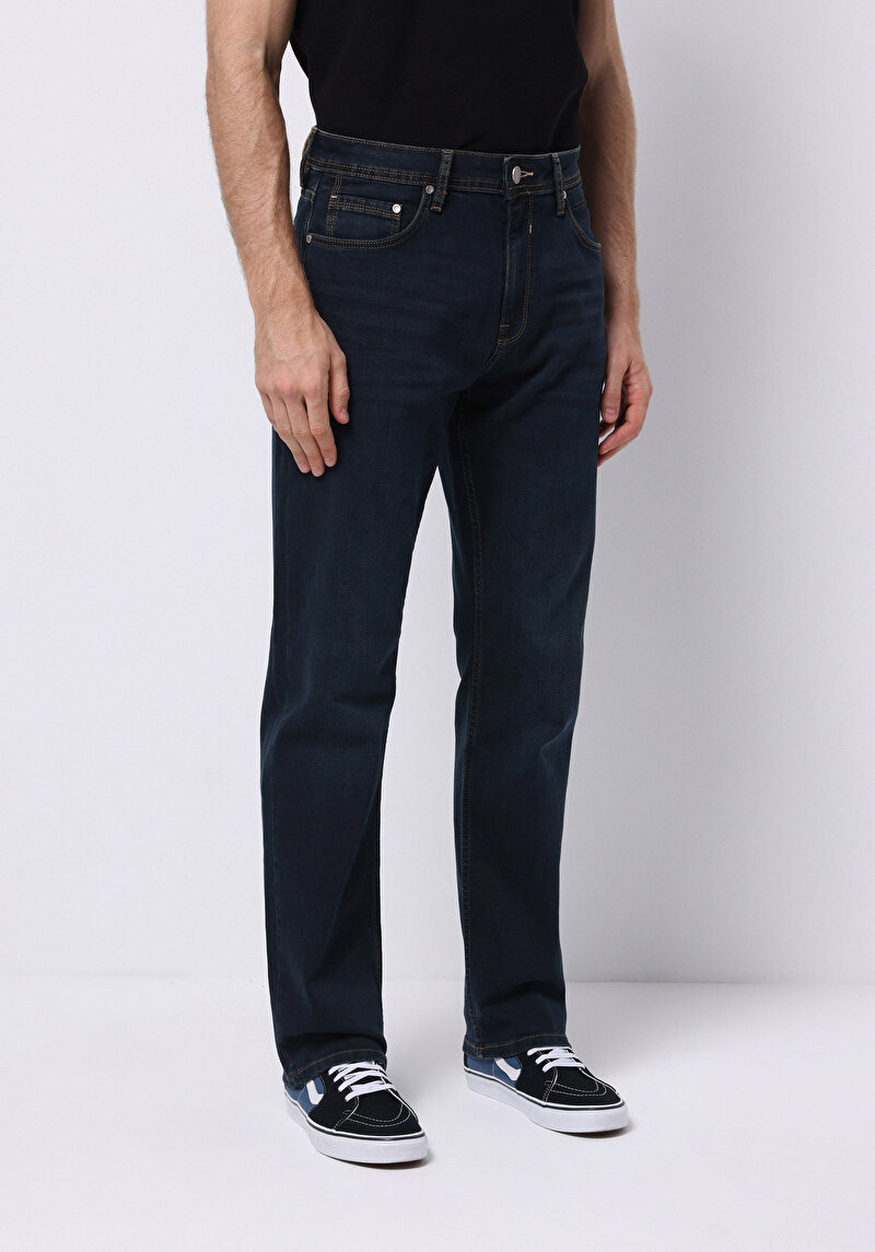 Regular Fit Orta Bel Düz Paça Erkek Koyu İndigo Jean Pantolon