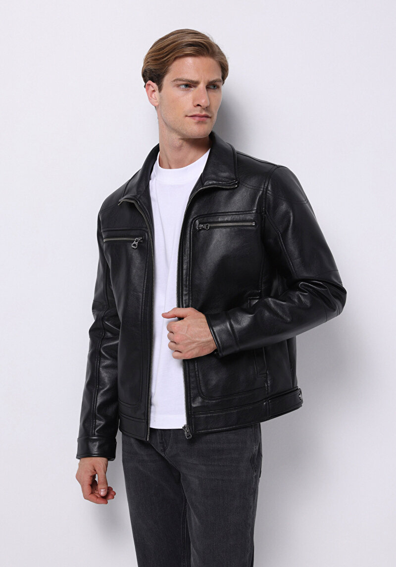 Slim Fit Erkek Siyah Mont Pu