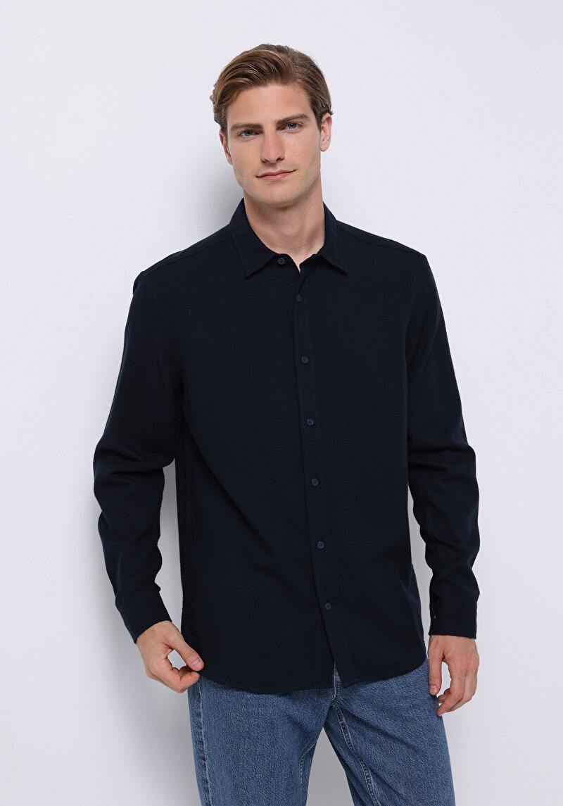 Regular Fit Shirt Neck Düz Erkek Lacivert Uzun Kol Gömlek