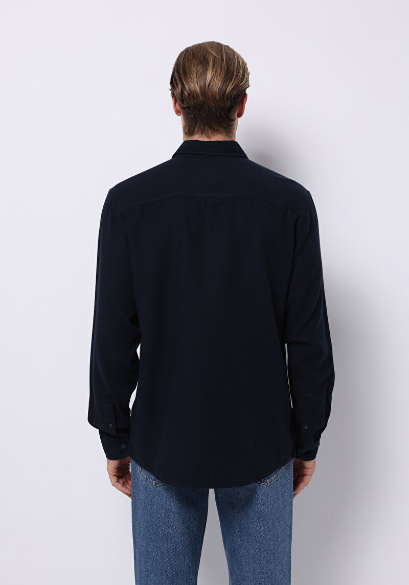 Regular Fit Shirt Neck Düz Erkek Lacivert Uzun Kol Gömlek