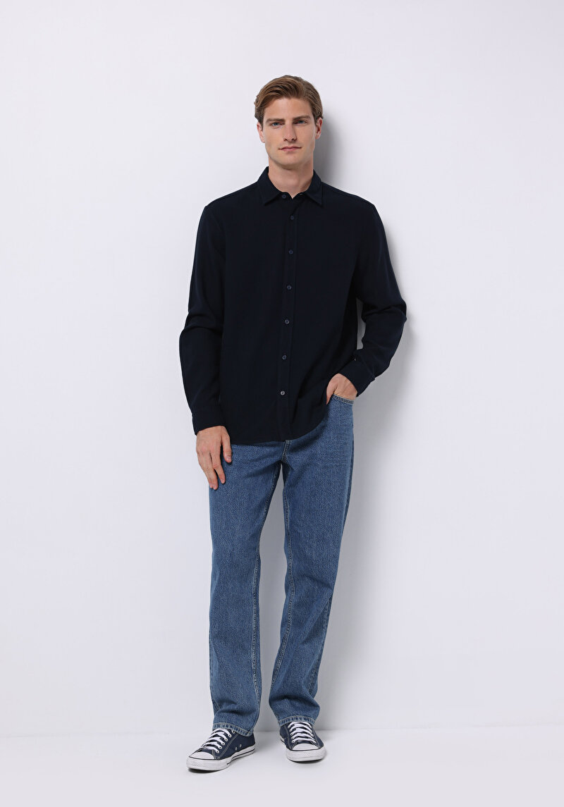 Regular Fit Shirt Neck Düz Erkek Lacivert Uzun Kol Gömlek
