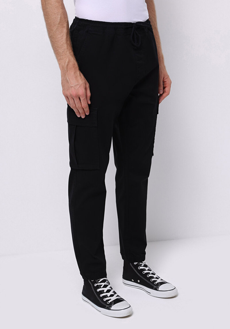 Cargo Fit Orta Bel Lastikli Paça Erkek Siyah Pantolon