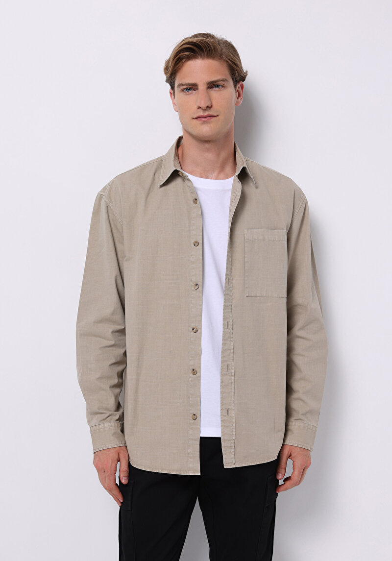 Comfort Fit Shirt Neck Düz Erkek Bej Uzun Kol Gömlek