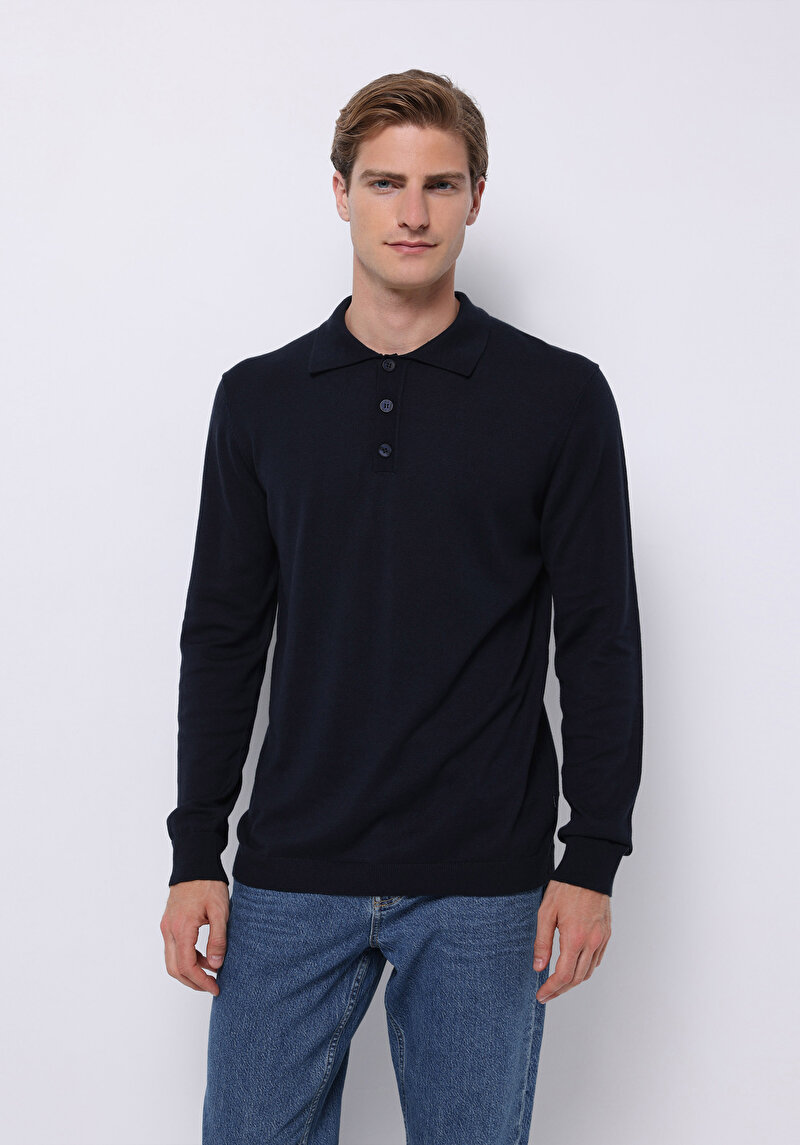 Regular Fit Polo Yaka Jakarlı Erkek Lacivert Kazak