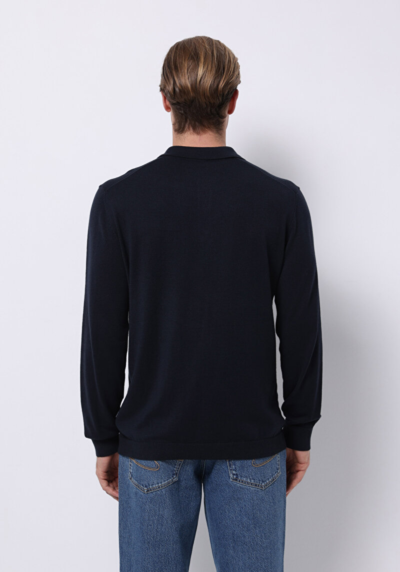 Regular Fit Polo Yaka Jakarlı Erkek Lacivert Kazak