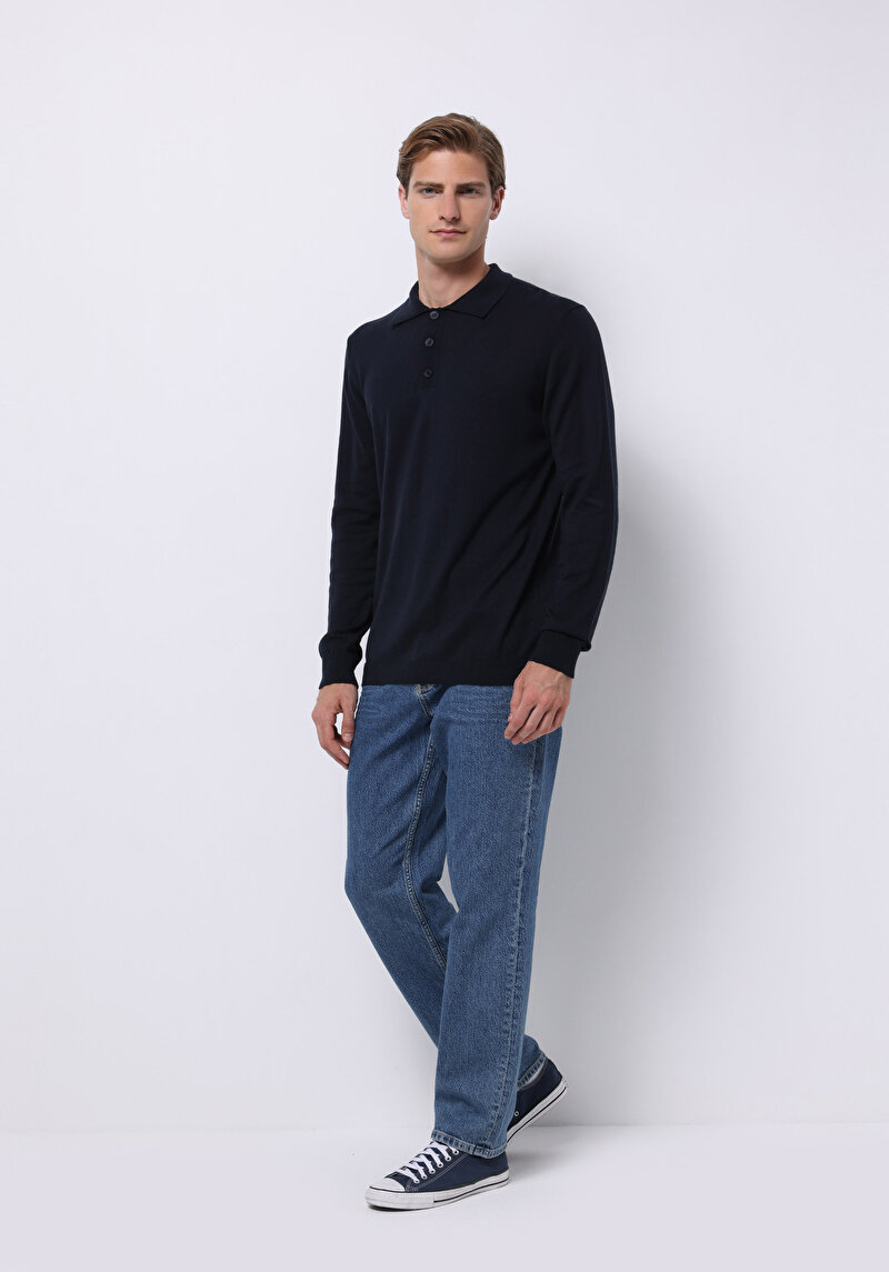 Regular Fit Polo Yaka Jakarlı Erkek Lacivert Kazak