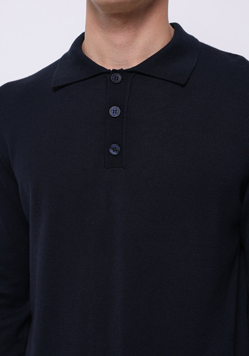 Regular Fit Polo Yaka Jakarlı Erkek Lacivert Kazak