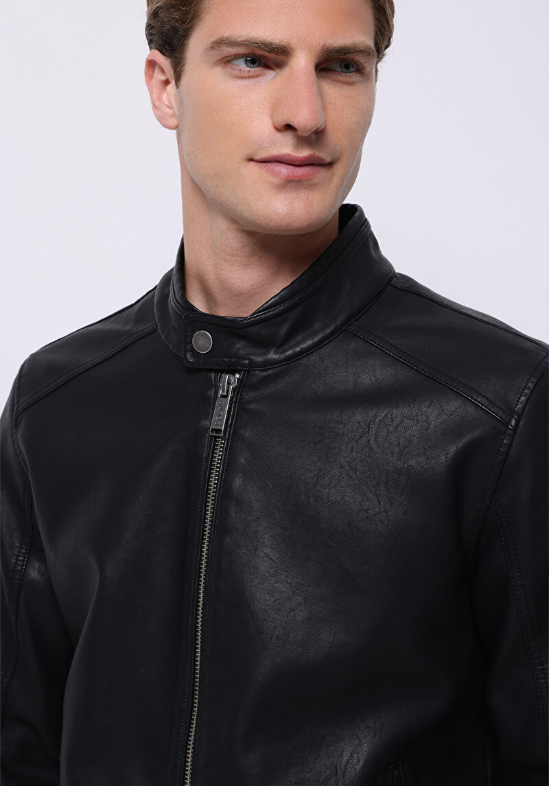 Slim Fit     Erkek Siyah Mont Pu