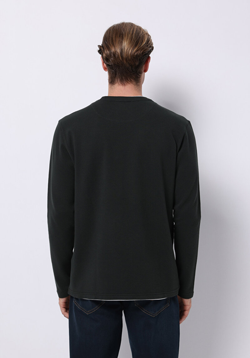 Regular Fit Yuvarlak Yaka Jakarlı Erkek Yeşil Uzun Kol Tişört