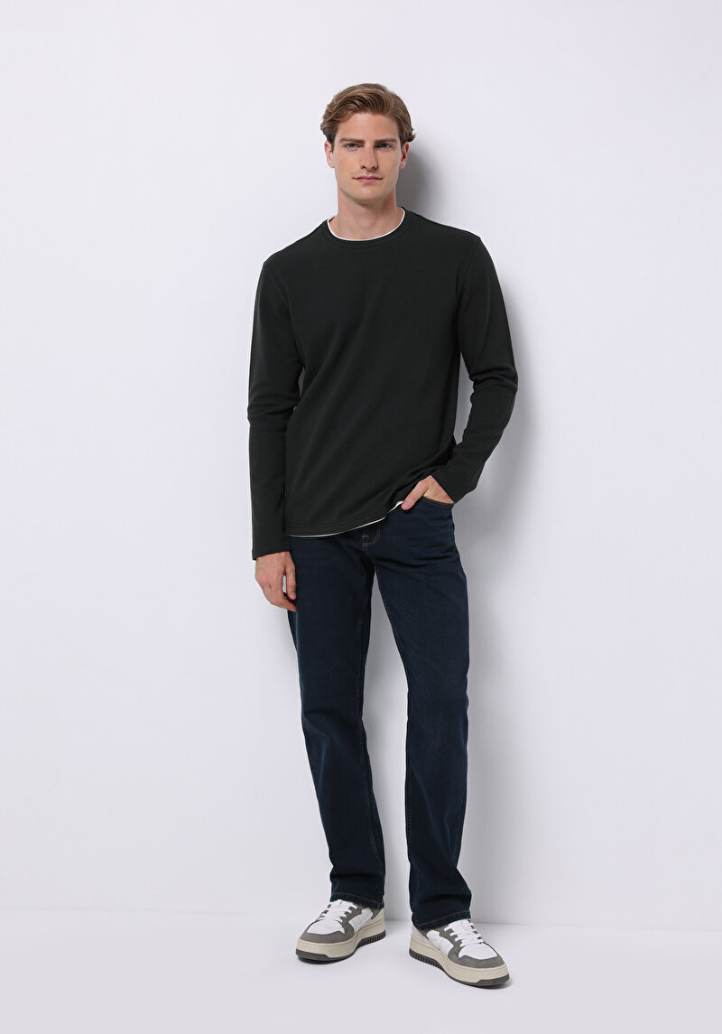 Regular Fit Yuvarlak Yaka Jakarlı Erkek Yeşil Uzun Kol Tişört