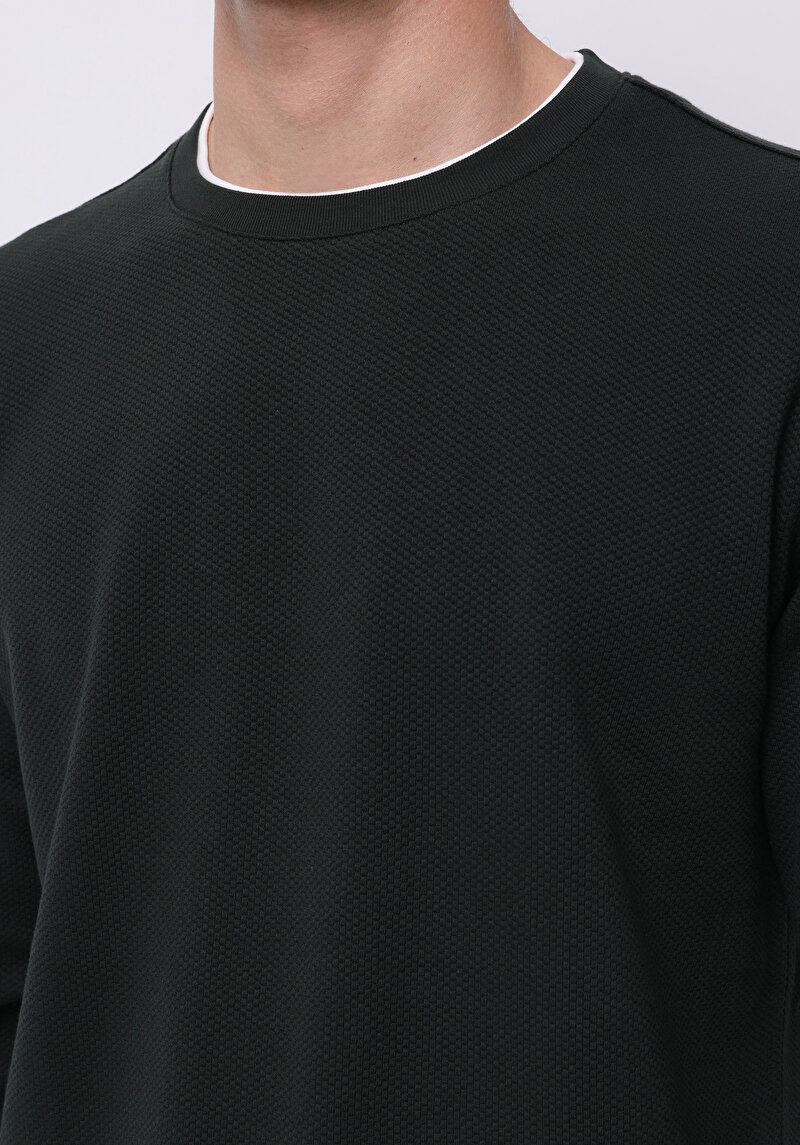 Regular Fit Yuvarlak Yaka Jakarlı Erkek Yeşil Uzun Kol Tişört