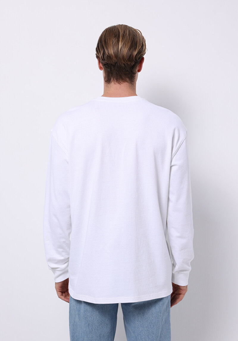 Comfort Fit Yuvarlak Yaka Düz Erkek Beyaz Uzun Kol Tişört