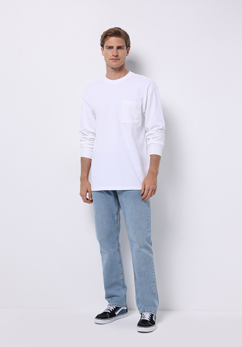 Comfort Fit Yuvarlak Yaka Düz Erkek Beyaz Uzun Kol Tişört