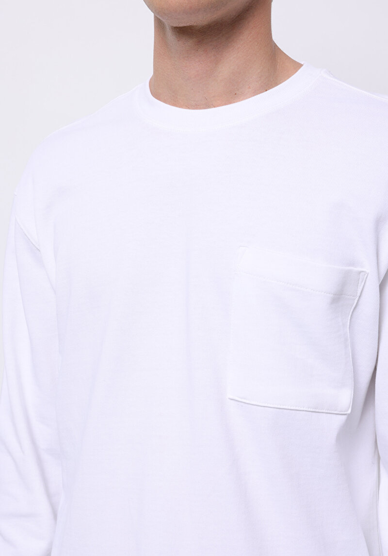 Comfort Fit Yuvarlak Yaka Düz Erkek Beyaz Uzun Kol Tişört