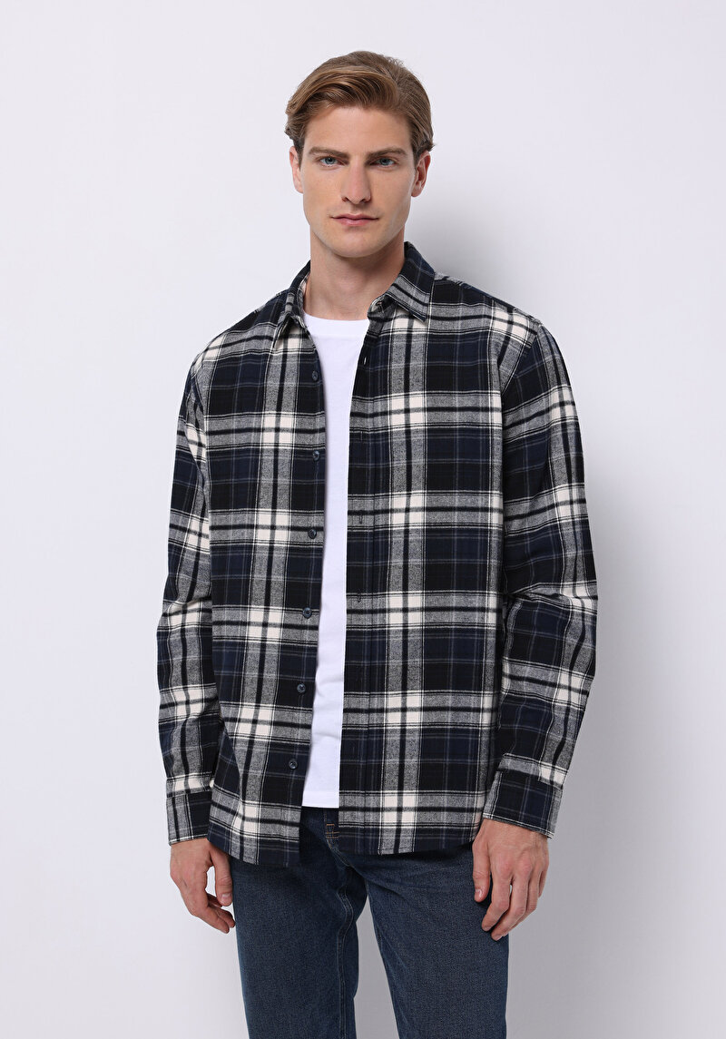 Regular Fit Shirt Neck Ekoseli Erkek Lacivert Uzun Kol Gömlek