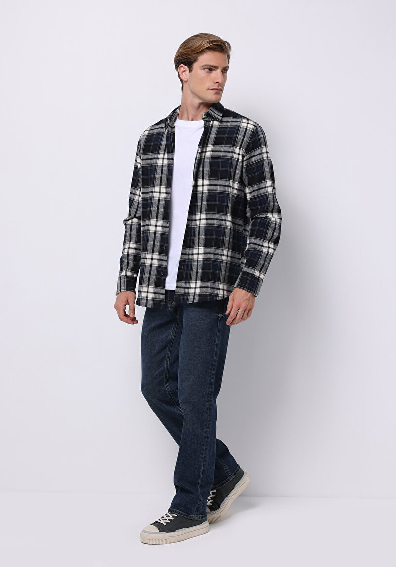 Regular Fit Shirt Neck Ekoseli Erkek Lacivert Uzun Kol Gömlek