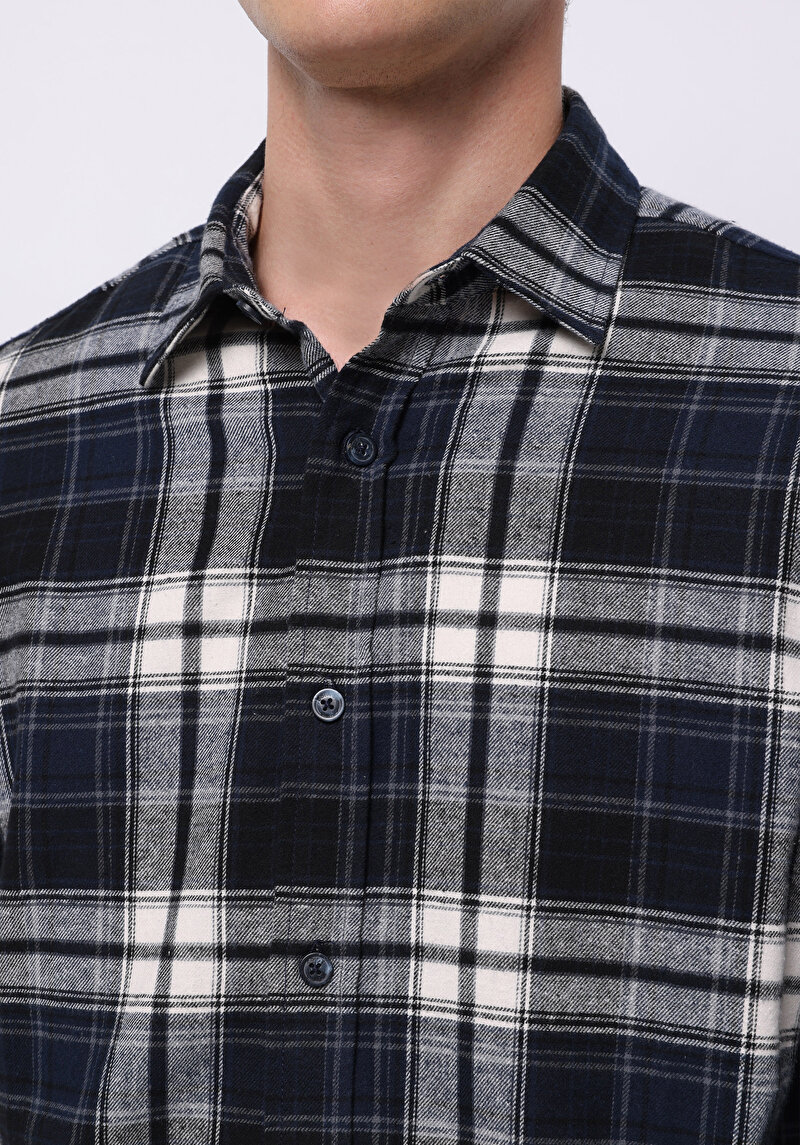 Regular Fit Shirt Neck Ekoseli Erkek Lacivert Uzun Kol Gömlek