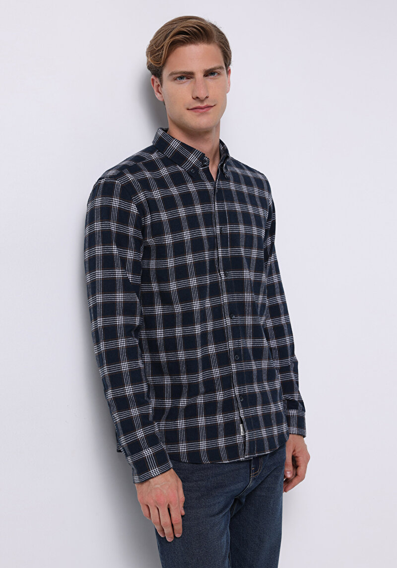 Slim Fit Shirt Neck Ekoseli Erkek Lacivert Uzun Kol Gömlek