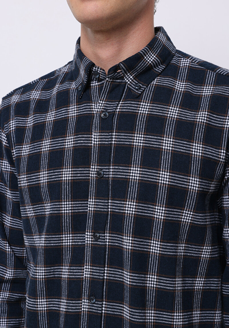 Slim Fit Shirt Neck Ekoseli Erkek Lacivert Uzun Kol Gömlek