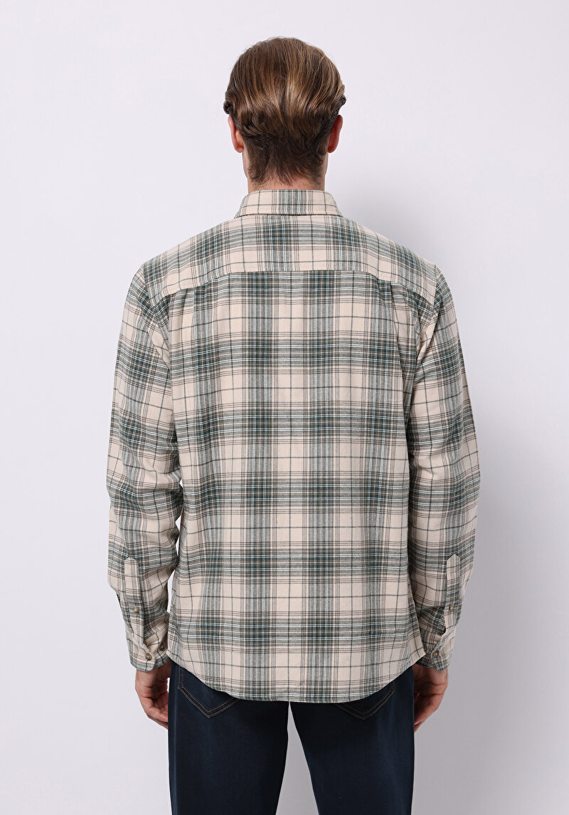 Regular Fit Shirt Neck Ekoseli Erkek Bej Uzun Kol Gömlek
