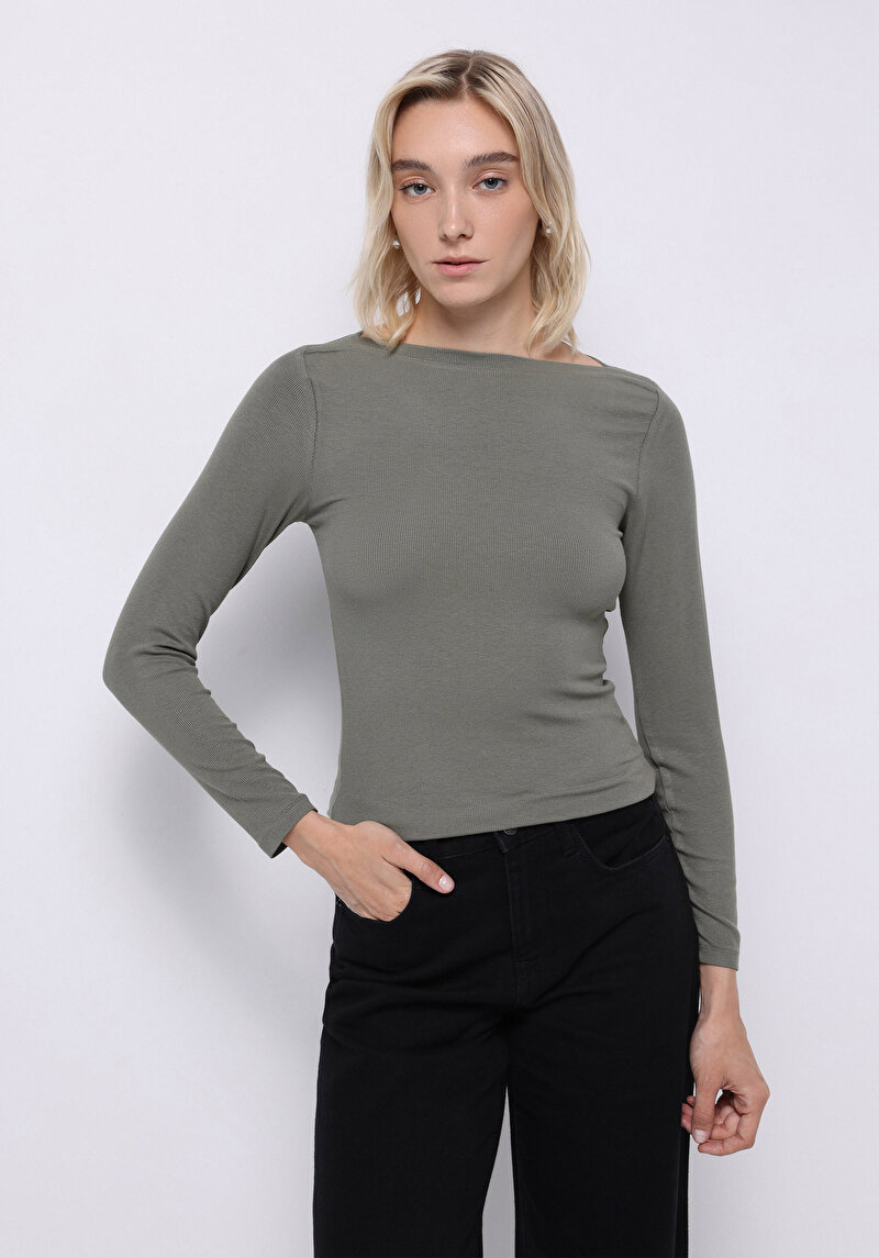 Slim Fit Kayık Yaka Düz Kadın Yeşil Uzun Kol Tişört