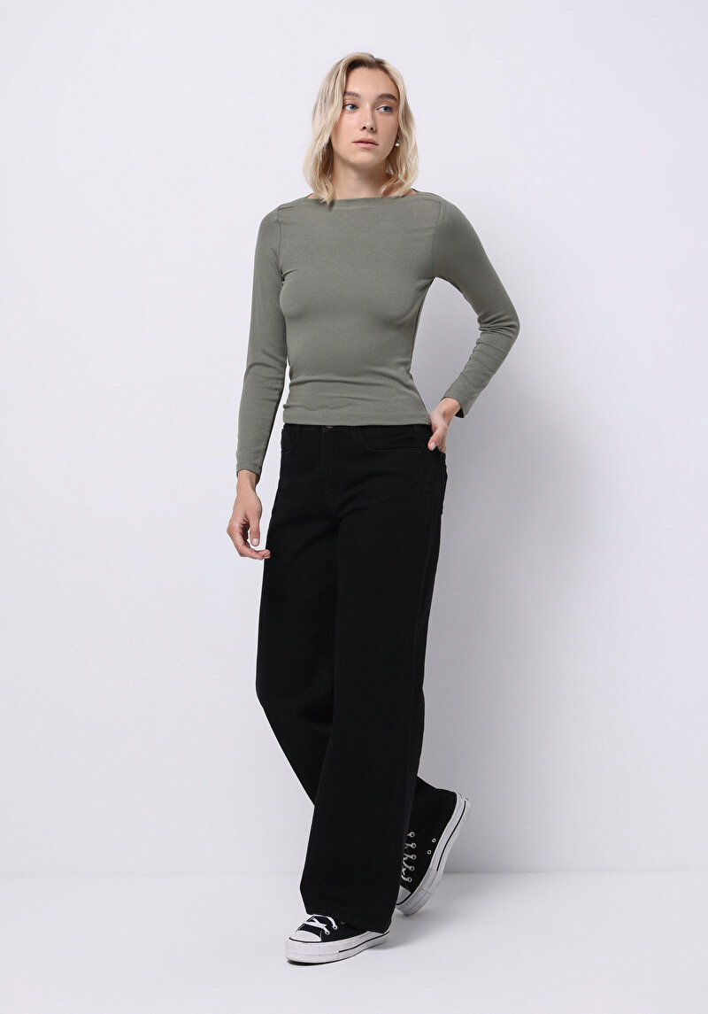 Slim Fit Kayık Yaka Düz Kadın Yeşil Uzun Kol Tişört