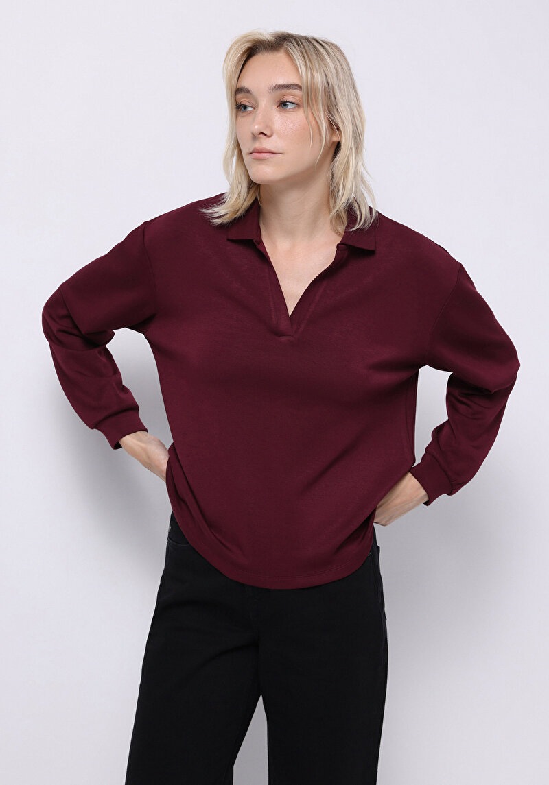 Regular Fit Polo Yaka Düz Kadın Mor Uzun Kol Tişört