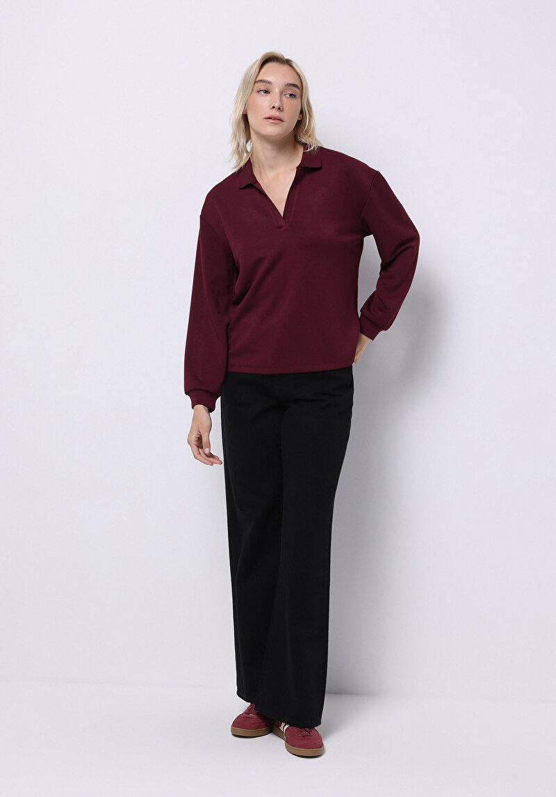 Regular Fit Polo Yaka Düz Kadın Mor Uzun Kol Tişört
