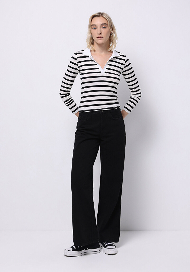 Slim Fit Polo Yaka Çizgili Kadın Siyah Uzun Kol Tişört
