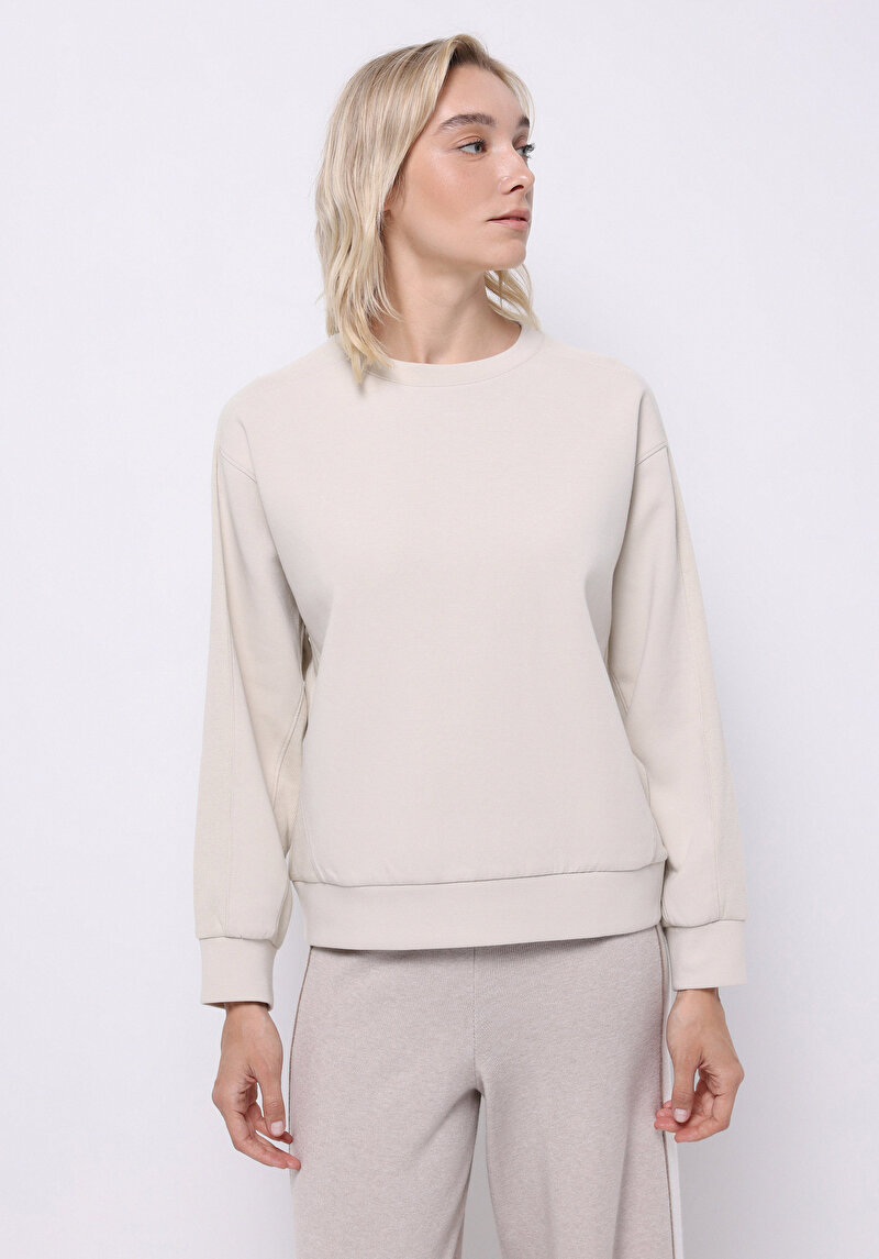 Regular Fit Yuvarlak Yaka Düz Kadın Bej Sweatshirt