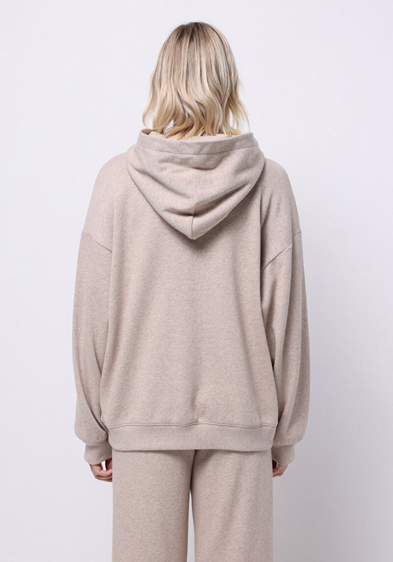 Oversize Fit Kapüşonlu Düz Kadın Bej Sweatshirt
