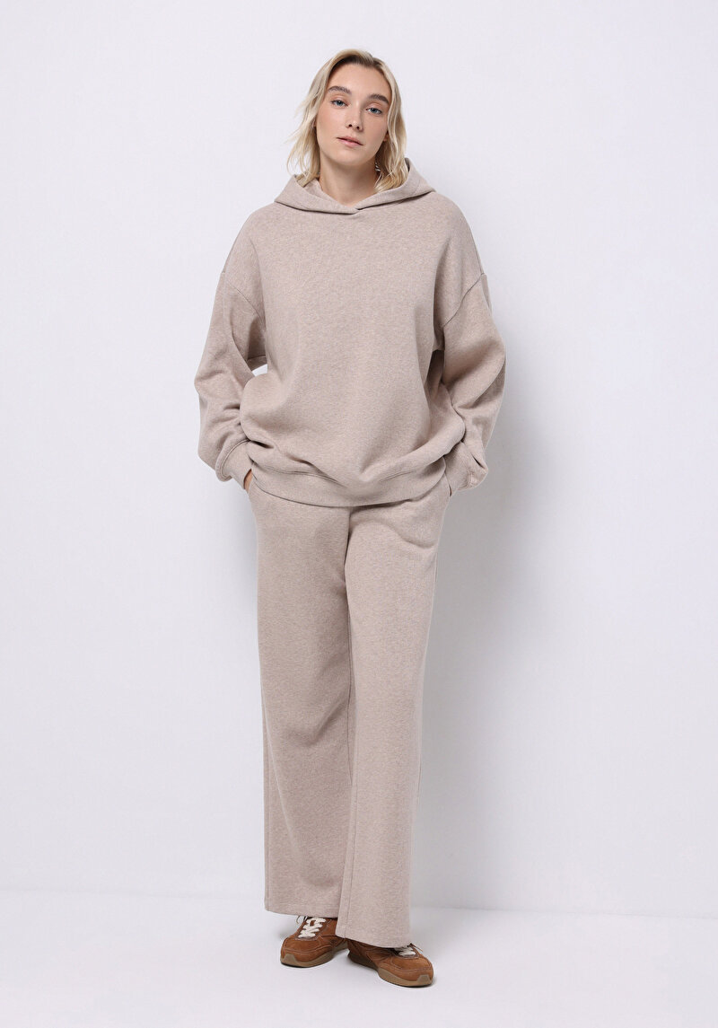 Oversize Fit Kapüşonlu Düz Kadın Bej Sweatshirt