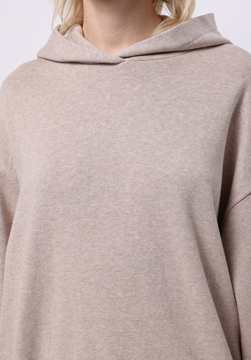 Oversize Fit Kapüşonlu Düz Kadın Bej Sweatshirt