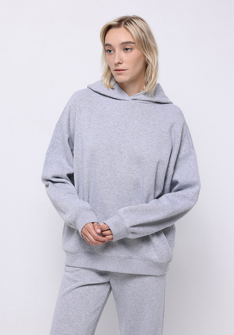 Oversize Fit Kapüşonlu Düz Kadın Gri Sweatshirt