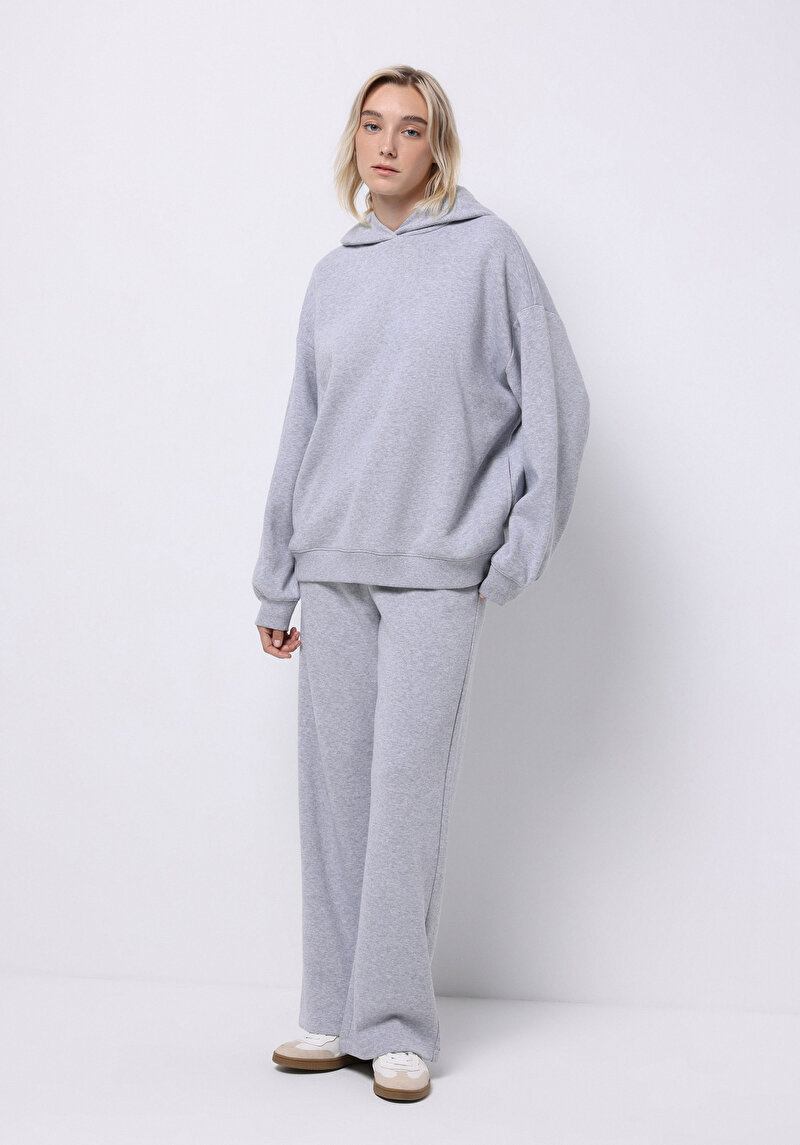 Oversize Fit Kapüşonlu Düz Kadın Gri Sweatshirt