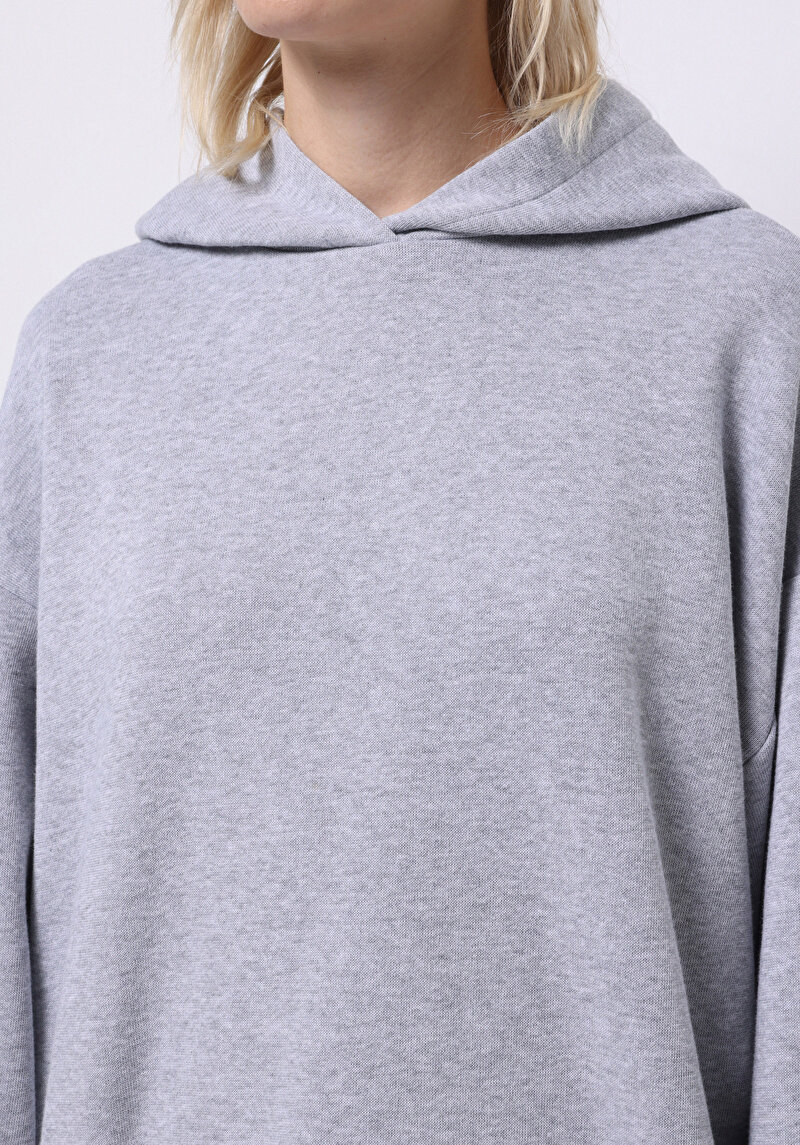Oversize Fit Kapüşonlu Düz Kadın Gri Sweatshirt