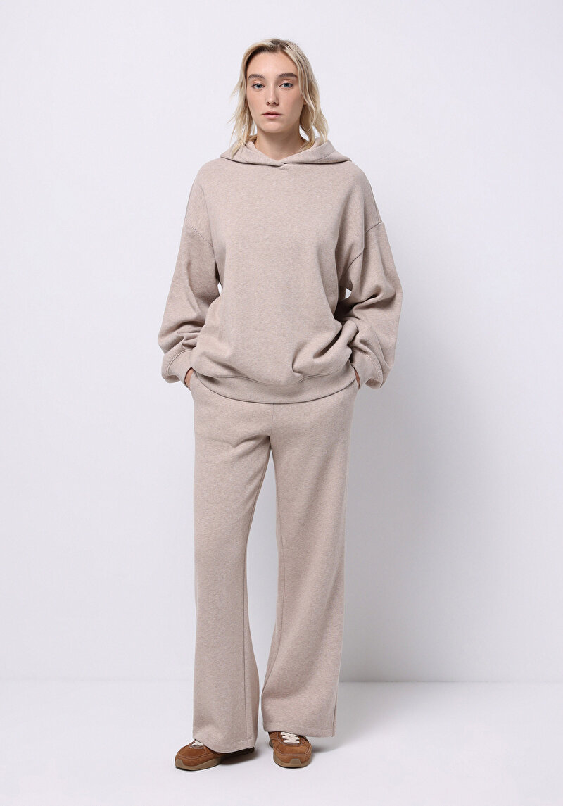 Regular Fit Orta Bel Düz Kadın Bej Eşofman Altı