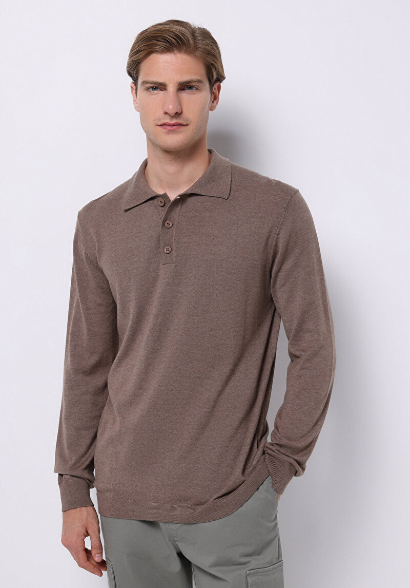 Regular Fit Polo Yaka Jakarlı Erkek Bej Kazak