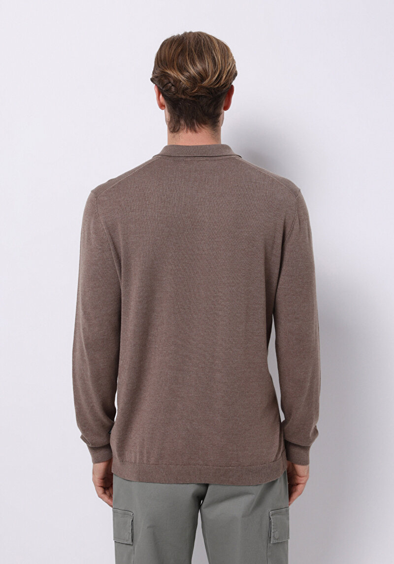 Regular Fit Polo Yaka Jakarlı Erkek Bej Kazak