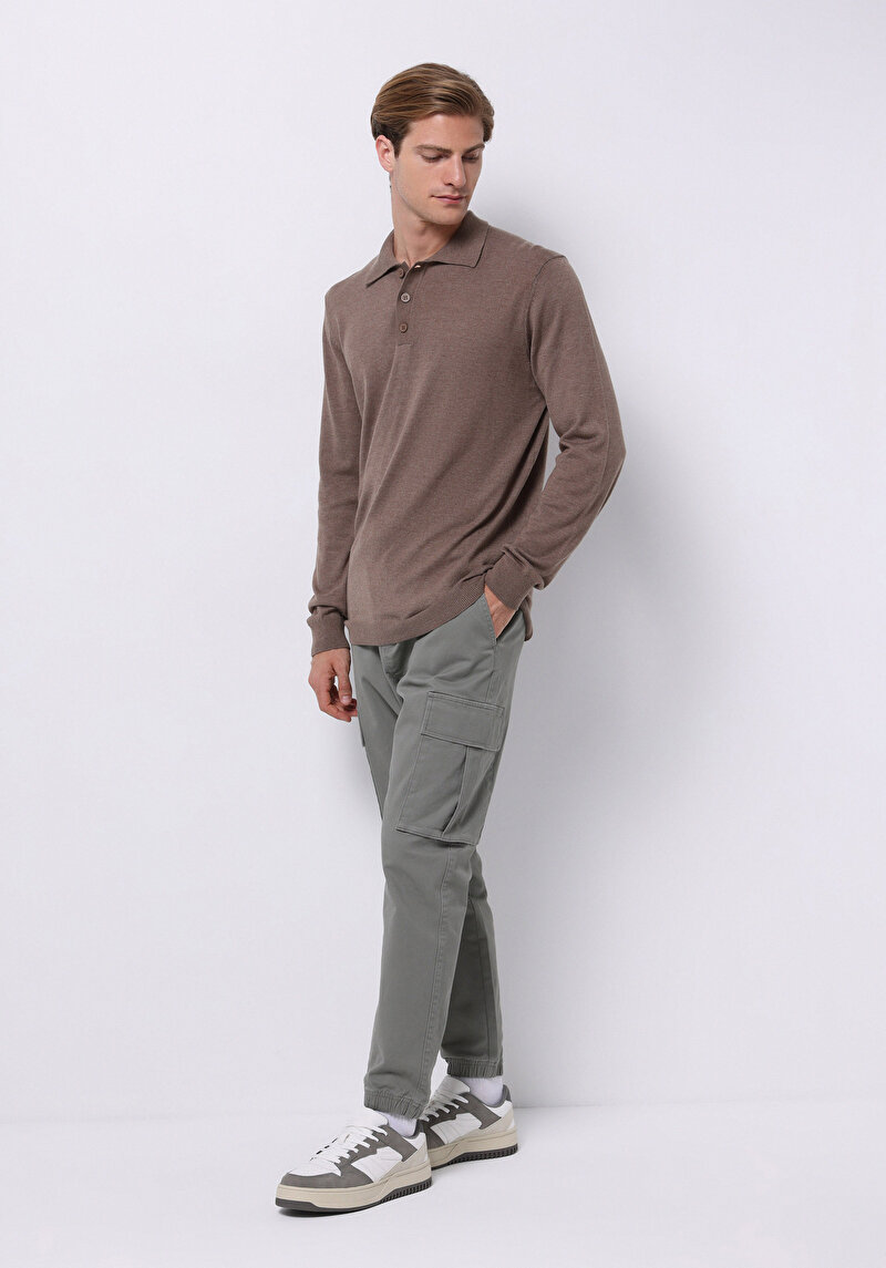 Regular Fit Polo Yaka Jakarlı Erkek Bej Kazak