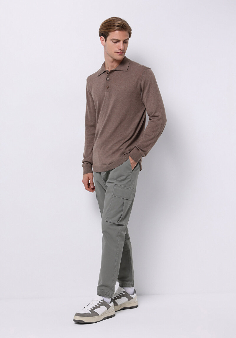 Regular Fit Polo Yaka Jakarlı Erkek Bej Kazak